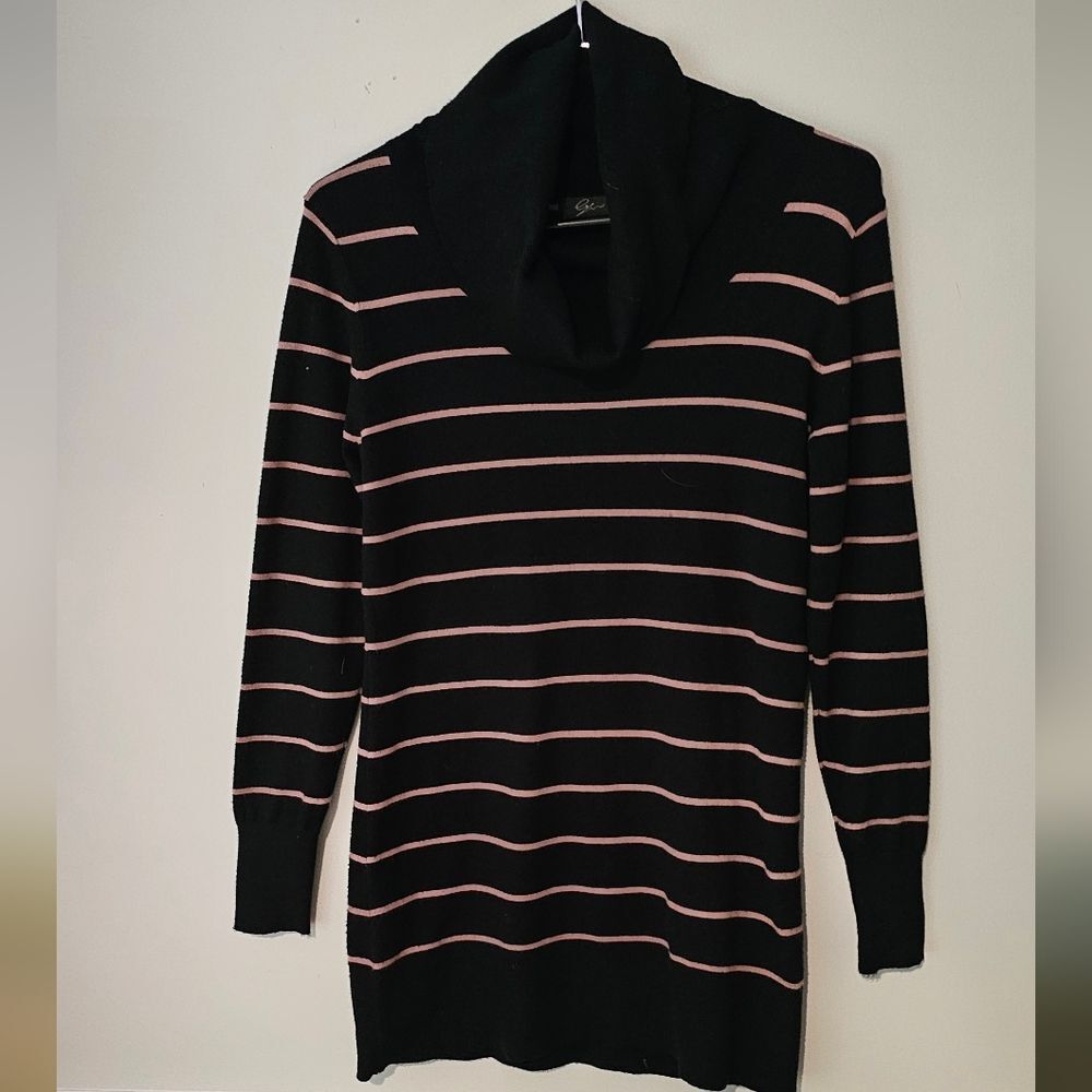 Black and Tan Cowl Neck Sweater Dress with Horizontal Stripes. Size Medium.